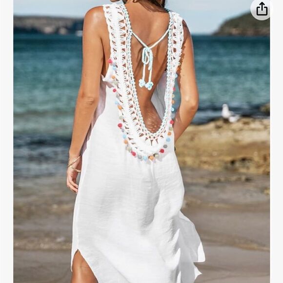 Crochet White Boho Multicolor Pom Poms Swim Cover Up - Picture 1 of 5